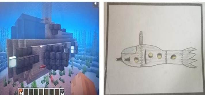 Comparación de la nave diseñada con su construcción en el juego mine-craft