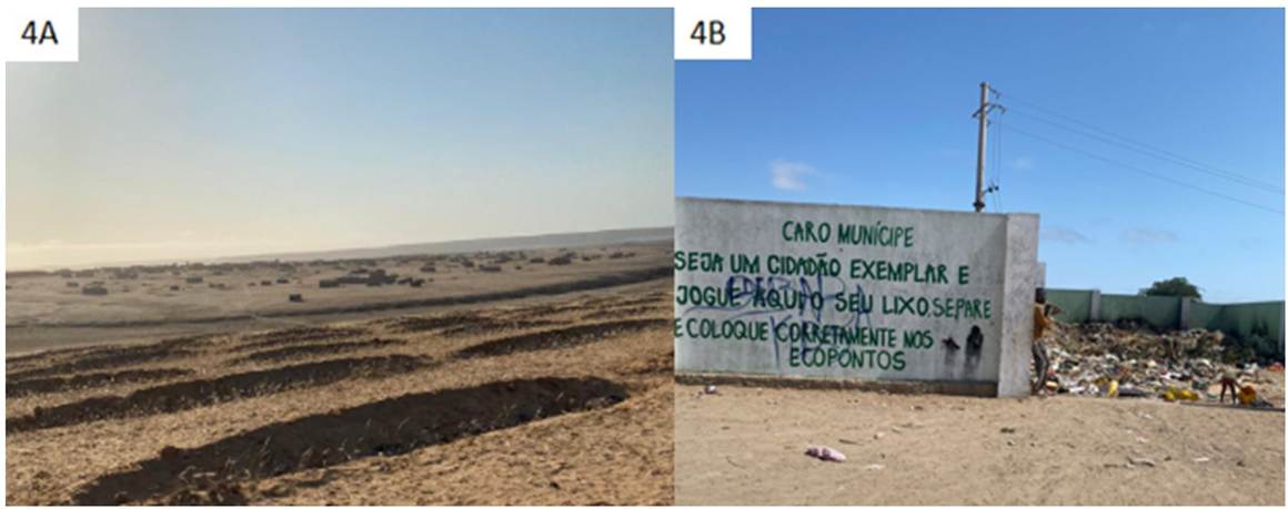 Imagens dos municípios de Sacomar e Moçâmedes na Figura 4. Casas em meio ao Deserto do Namibe (4A) e Ecopontos nos quais os resíduos são destinados (4 B).