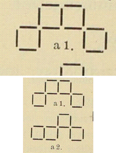 Matchstick configuration for the puzzle 136 and configurations of its two announced solutions.