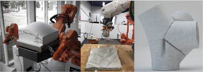 Hotblade para la fabricación de superficies curvas (izq.). Impresión 3D en concreto (med.). Módulos en concreto fabricados con un brazo robótico (der.)