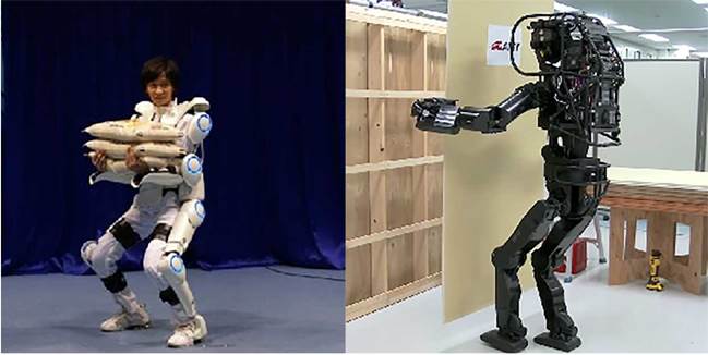 Exoesqueleto de Cyberdyne (izq.). Robot humanoide HRP-5P (der.)