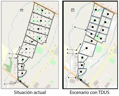 Modelo del sistema actual con la infraestructura existente (izq.) y modelo del sistema de propuesta (dcha.)