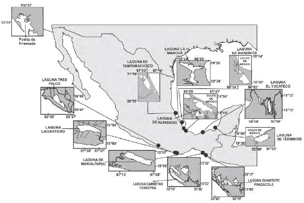 Localización de las lagunas costeras que se analizaron en el golfo de México y Pacífico mexicano 