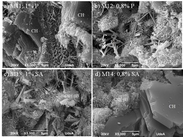 SEM images for cement paste with additives: a) 1,0 wt% additive 1, b) 0,8 wt% additive 1, c) 1,0 wt% additive 2, d) 0,8 wt% additive 2