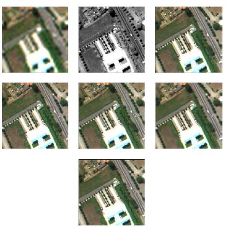 Qualitative fused images (Pavia image). (Row 1, left) MS image. (Row 1, middle) MS image. (Row 1, right) Ground truth. (Row 2, left) HySure. (Row 2, middle) HMIF-SR. (Row 2, right) HyMuXNol. (Row 3) Proposed.