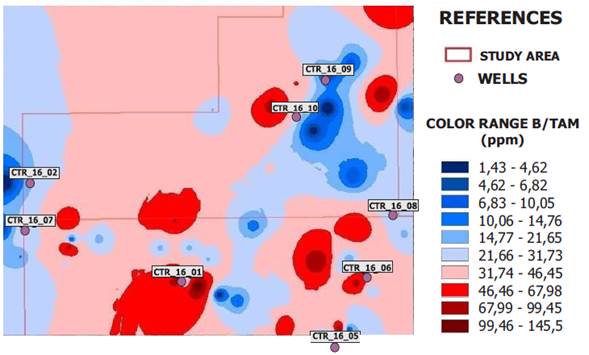 Zoneography of microbiological relationship (B/TAM) in study area (green dots correspond to wells; red areas correspond to positive zones, while blue areas correspond to negative zones for microbiological relationship)