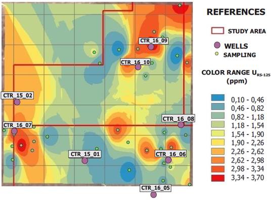 Zoneography for the spectrometrical U (URS-125) concentration (ppm) in the study area (red dots are correspond to wells; green dots correspond to URS-125 sample points)