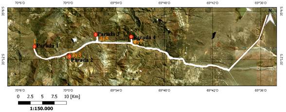 Georruta N.° 1 en zona norte, en blanco demarcada la Ruta 222 con paradas (geositios) y dolinas enumeradas de 1 a 7.