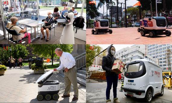 a) Robot mesero en un bar de España; b) robots móviles en Colombia para transporte de productos; c) robot móvil en Estados Unidos; d) robot móvil en China