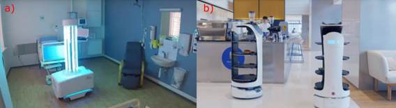 a) Robot móvil para desinfección de cuartos hospitalarios; b) robot móvil para transporte de alimentos