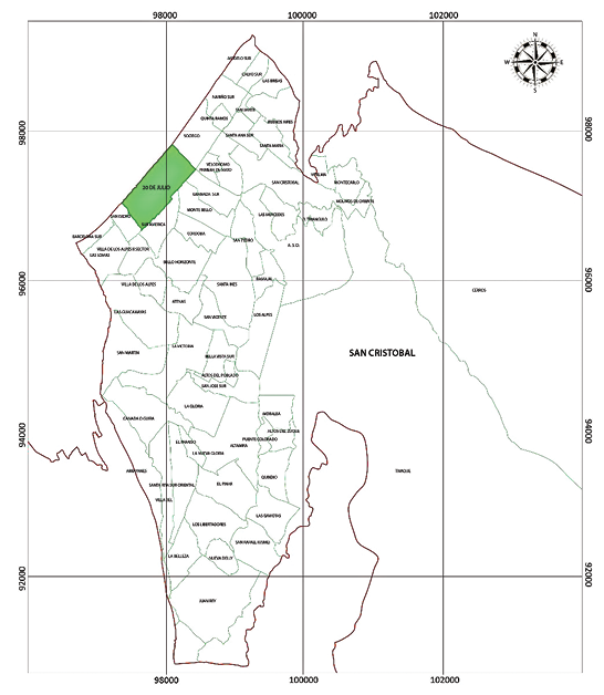 Figura 10. Cortés, L (2018) Mapa del Veinte de Julio señalizado de color verde en relación con el plano de la Localidad Cuarta de San Cristóbal. Bogotá. Col.