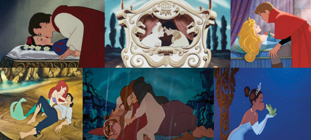 Figura 5. Disney (1937, 1950, 1959, 1989, 1991 y 2009). Evolución de la salvación en el amor romántico Disney. En (de izquierda a derecha y de arriba a abajo) Blancanieves y los siete enanitos (Disney, 1937), La Cenicienta (Disney 1950), La bella durmiente (Disney, 1959), La sirenita(Ashman y Musker, 1989), La bella y la bestia (Hahn, 1991) y Tiana y el sapo (del Vecho y Lasseter, 2009)