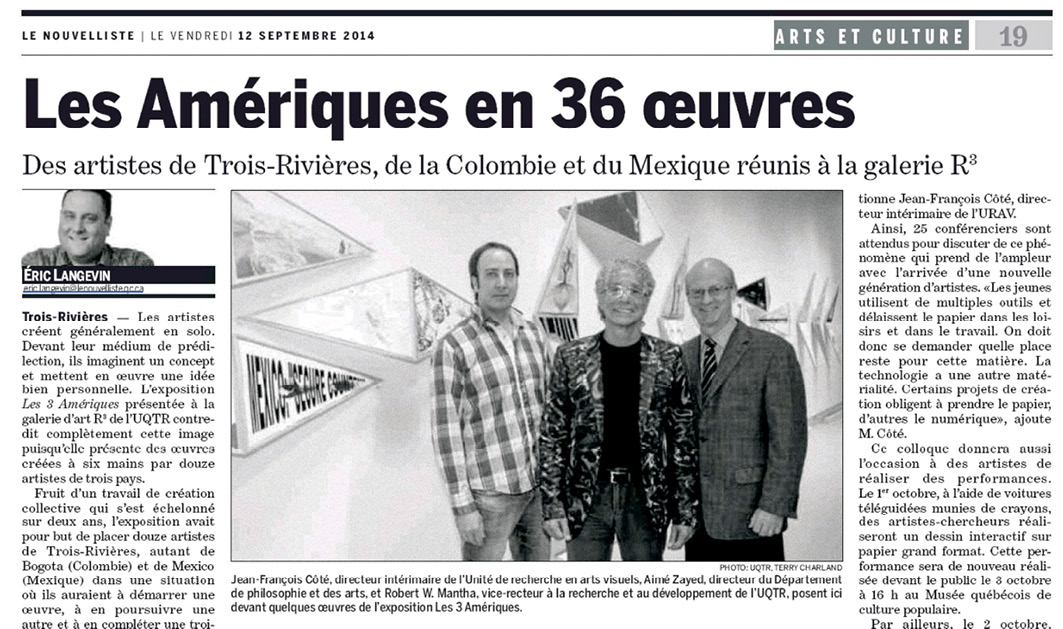 Figura 5. Artículo de prensa “Les Amèriques en 36 oeuvres” Periódico Le Nouvelliste, Quebec, Canadá 2014