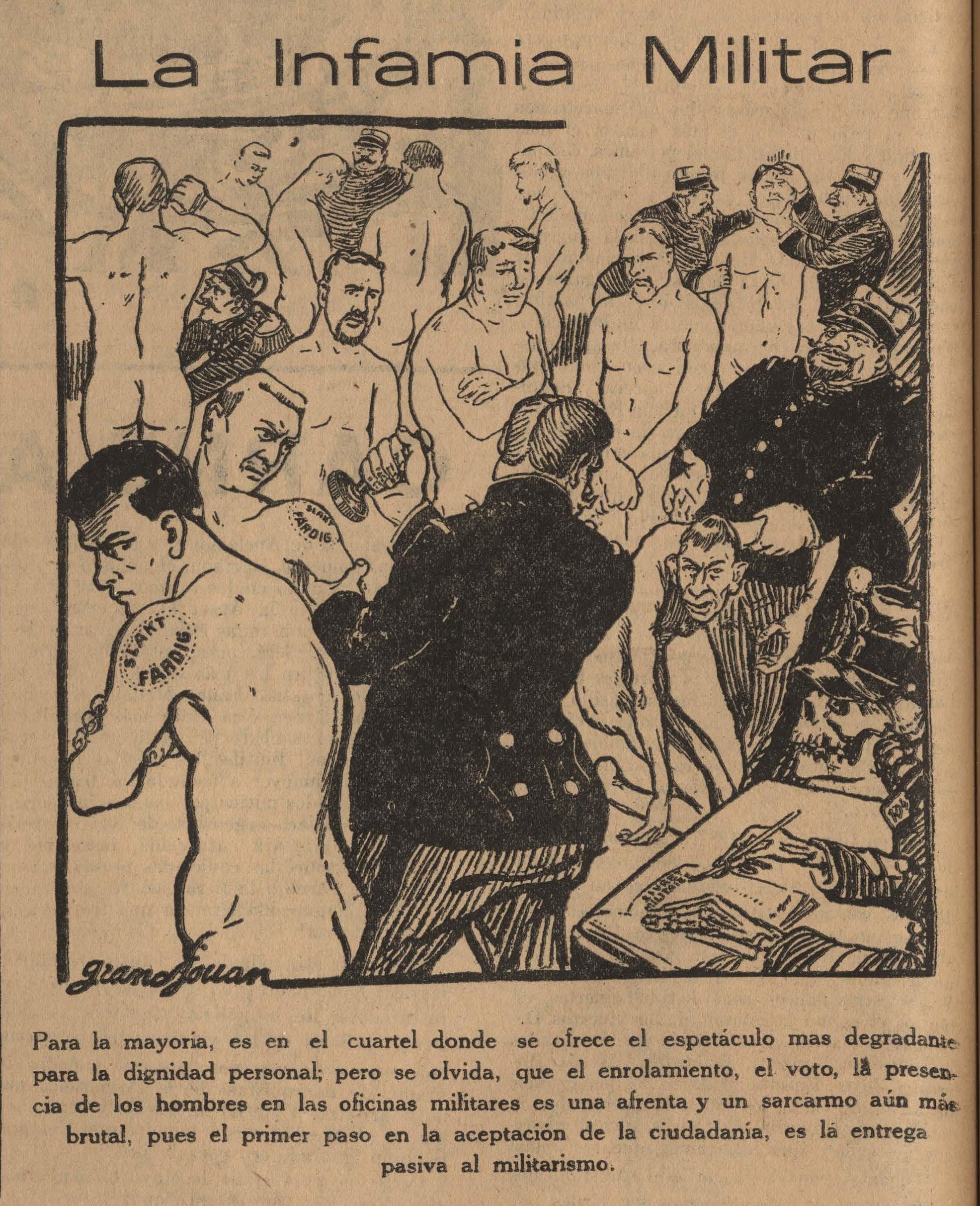 Imagen 1.  Después de Jules-Félix Grandjouan. La infamia militar. En La Antorcha, Buenos Aires, 1 de mayo,  1927. IISG ZF 28007.x