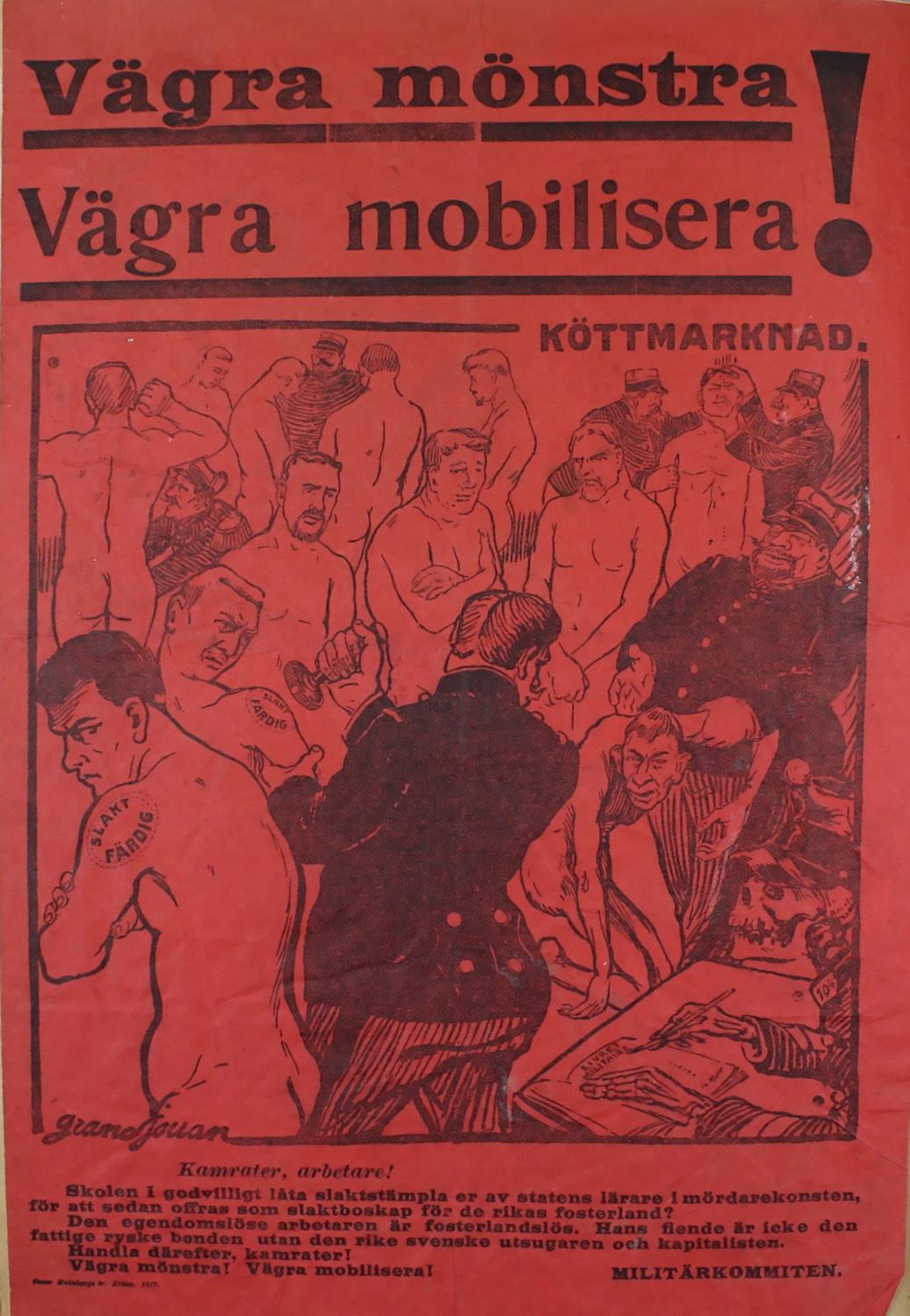 Imagen 6.  Después de Jules-Félix Grandjouan. Vägra Mönstra/Vägra mobilisera! Cartel.  33x24 cm. Estocolmo, 1913. Stockholmskällan.