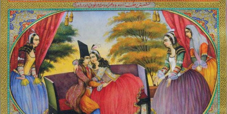 Figure 9. The prince meets the daughter of  the king of Sanaa (1853), the ebony horse story, One Thousand and One Nights,  Golestan Palace Museum. Source: One Thousand and One Nights, illustrated  by Sani ol-Molk