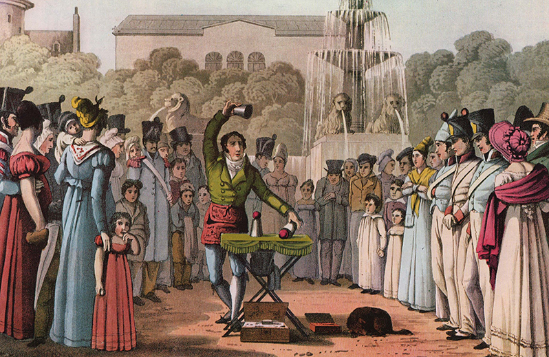 Imagen 1. The juggler at the Chateau d'Eau, (1822). Ilustración de una escena callejera donde se muestra a un prestidigitador realizando el clásico juego de los cubiletes.clásico juego de los cubiletes.