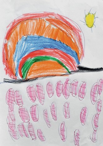 Figura. 2. Dibujo de un niño de 4 años. Lápiz de colores y bolígrafo sobre papel.