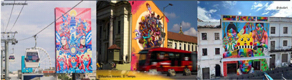 Aeroarte Primicias. (2024, mayo 15). Aeroarte: ¿novedad o contaminación visual en Guayaquil? (izquierda) Distrito Bronx. El Tiempo. (2022, mayo 15). Graffiti ‘Pararse duro’ es el nuevo mural del Bronx Distrito Creativo. (centro) Caminarte. Quito Informa. (2022, mayo 15). Mural de Okuda San Miguel: Una obra artística que embellece la ciudad y en la que no se emplearon recursos públicos (Derecha)