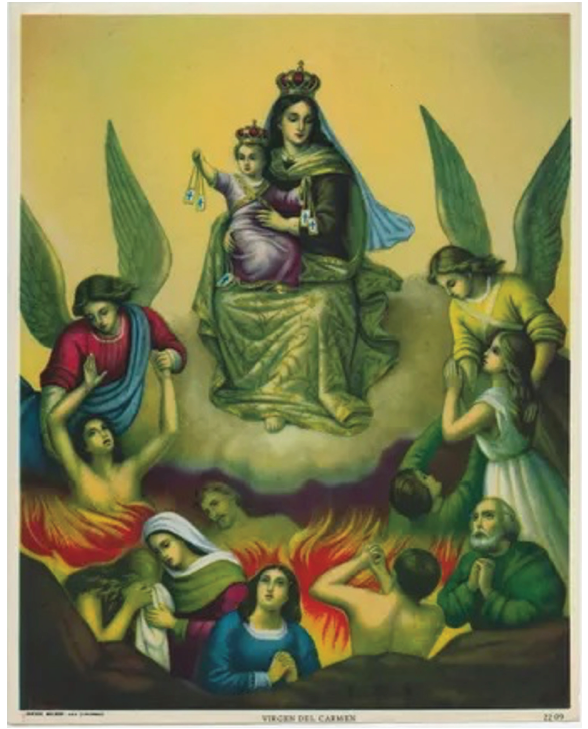Virgen del Carmen, quien con su hijo en brazos, socorre a las ánimas calcinadas extendiéndoles unos escapularios. Gráficas Molinari, años 50s. Carmen Julia nació un 16 julio, Día de la Virgen del Carmen en Colombia, de ahí la razón de su nombre.