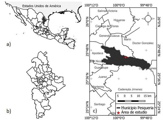 Localización del área de estudio: A) México resaltando el estado de Nuevo León, B) Nuevo León resaltando el municipio de Pesquería y C) Pesquería resaltando el área de estudio