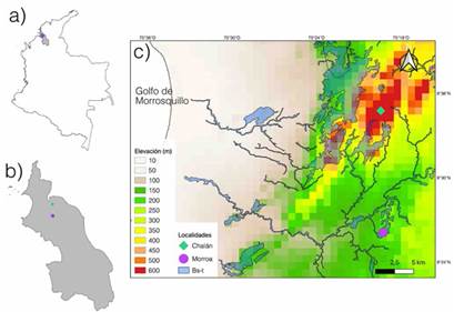 Localización geográfica de las áreas de muestreo (a) Colombia, (b) departamento de Sucre y (c) dentro de los fragmentos de bosque seco tropical (BS-T) en los Montes de María y sus variaciones altitudinales