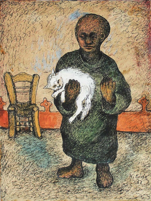 Hamed Nada, Man with Cat, 1953, Mixed Media on paper, 35.5 x 28 cm. Sharjah Art Foundation Collection.