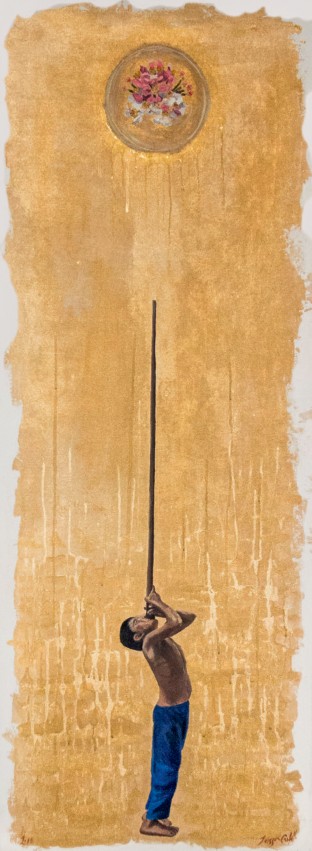 Cazando flores en territorio caapiniano. (Jeisson Castillo, 2018). Óleo, polvo de oro y acrílico sobre lienzo, 160 x 60 cm. Cortesía del artista.
