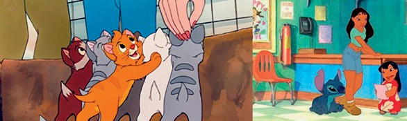 Imagen 4. Percepción del reino animal como mercancía por parte de la humanidad en Disney [Serie fotográfica]. Fuentes: (Disney, 1955); (Disney, 1961) y (Clements, Dewey y Musker, 1997).