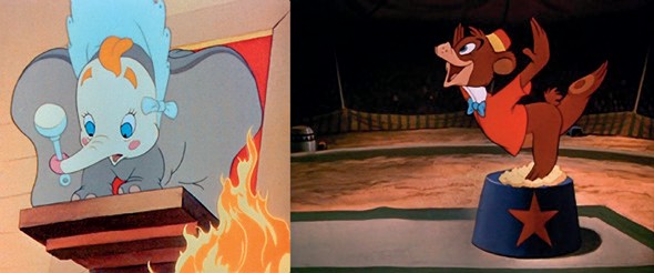 Imagen 1. Utilización de animales en Disney para el entretenimiento de la humanidad [Serie fotográfica]. Fuentes: (de izquierda a derecha) (Disney, 1941) y (Disney, 1947).