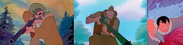 Imagen 2. Los cazadores etiquetados como personajes malvados en Disney [Serie fotográfica].Fuentes: (de izquierda a derecha) (Miller, Reitherman y Stevens, 1981); (Schumacher, 1990) y (Williams, 2003).