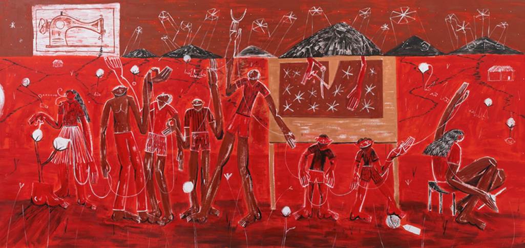 Retorno à maloca (Gustavo Caboco, 2024). Acrílico sobre lienzo. Foto: Julia Thompson. Galería Millan.