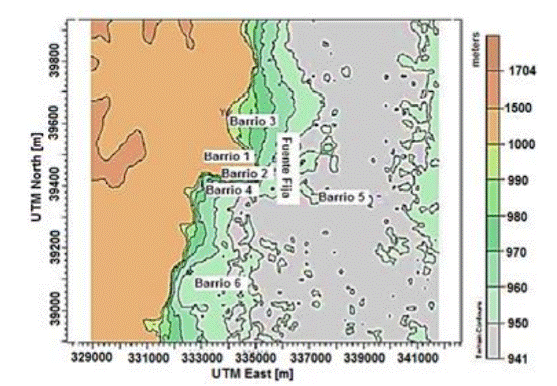 Características topográficas del área de estudio y ubicación de asentamientos poblacionales.