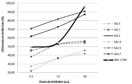 Comparación de las eficiencias de los extractos/inhibidores a base de Salvia officinalis y Sambucus peruviana H.B.K. con el producto comercial.