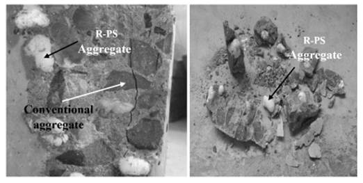 Concrete cracking after impact tests. Breakdown of conventional coarse aggregate grains is observed while the light R-PS aggregates do not show cracking.