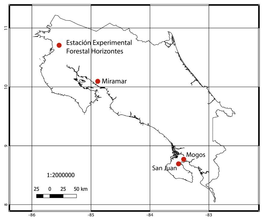 Sitios de colección de las diez especies arbóreas de estudio en Costa Rica