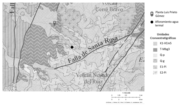 Mapa geológico de la zona de influencia de la Planta Luis Prieto Gómez y del afloramiento termal