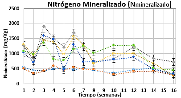 Comportamiento del N
 
 mineralizado
 durante las 16 semanas ND: No presentó diferencia significativa; *presentó diferencia significativa 
