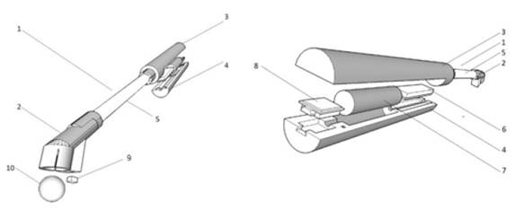 On the left, a bottom right diagonal view of the main components of the electronic baton. On the right, a topleft diagonal view of the main components of the electronic baton. Both figures are separated to provide information on the construction of the device.