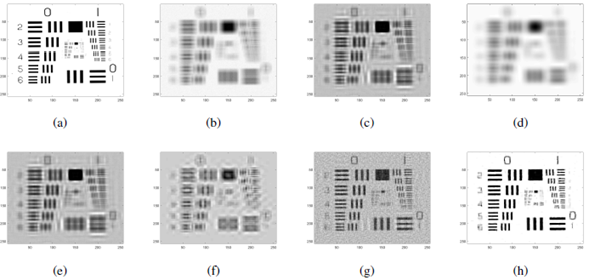 Imagen degradada con una PSF de desenfoque, 1% de ruido y sus restauraciones. (a) Imagen original, (b) Imagen borrosa, (c) Imagen restaurada con método de Lucy-Richardson, (d) Imagen restaurada con método de deconvolución de Wiener, (e) Imagen restaurada con el método blind deconvolution, (f) Imagen restaurada con método BDNSM, (g) Imagen restaurada con método de regularización de Tikhonov, (h) Imagen restaurada con método propuesto.