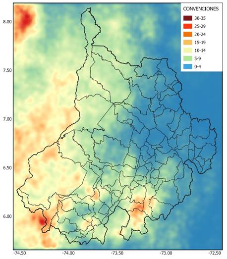 Mapa de la densidad de descargas a tierra de los tres años de estudio