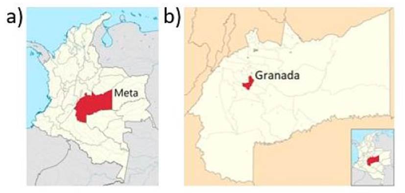 Ubicación geográfica del centro educativo Luis López de Mesa. En a) departamento del Meta y en b) municipio de Granada 30
							