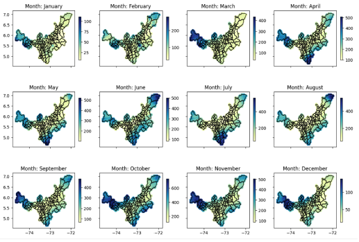 Total monthly precipitation by coordinates in 2022