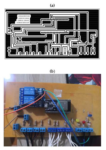PCB development: a) design layout, b) PCB with components integrated