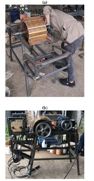 Construction of the machine, a) components assembly, b) no-load test